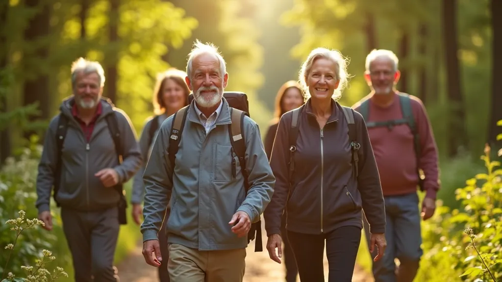 Grupa smaidigu outdoor entuziastu kopā pie dabas, stāvot uz pastaigai draudzīga takas